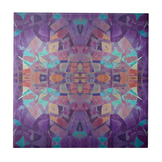 Moroccan mosaic red purple turquoise geometric art tile (Front)