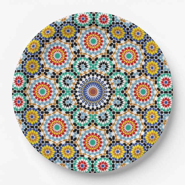 Moroccan Mosaic Traditional Boho Pattern Paper Plate (Front)