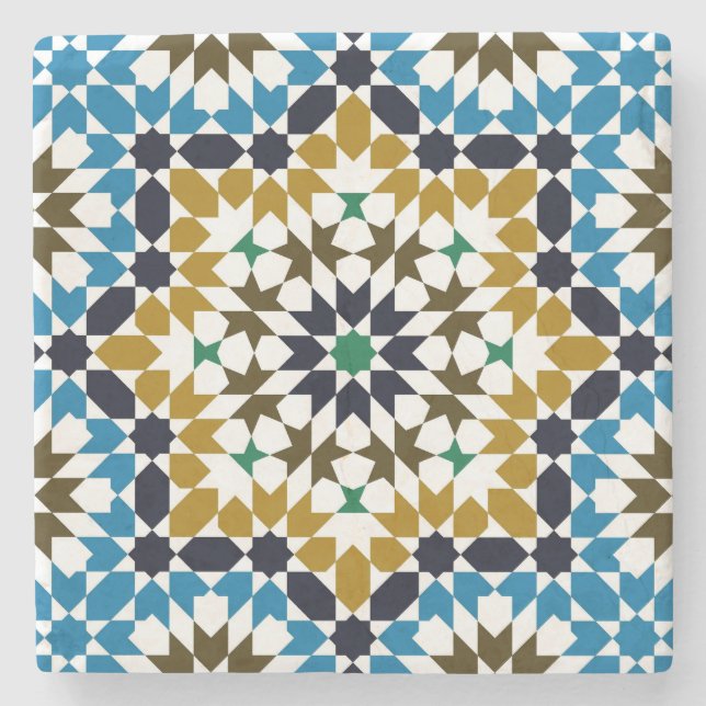 Moroccan Mosaic Traditional Geometric Boho Pattern Stone Coaster (Front)