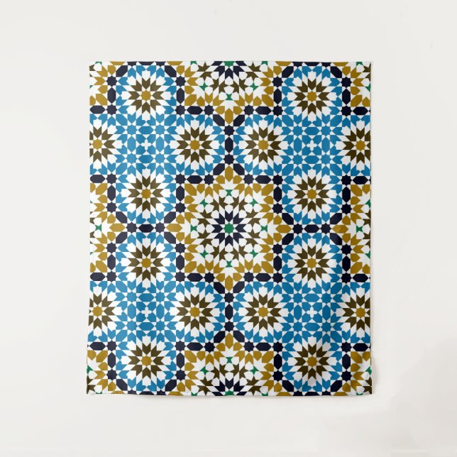 Moroccan Mosaic Traditional Geometric Boho Pattern Tapestry (Front)