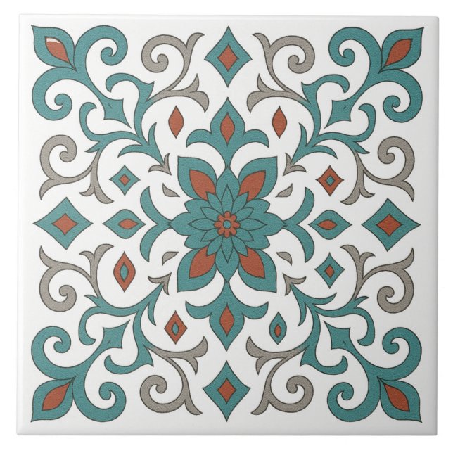 Moroccan Motif Turquoise and Red Ceramic Tile (Front)