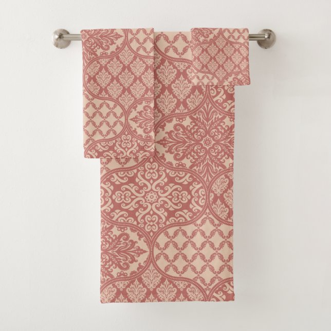 Moroccan Onion Pattern in Terra-Cotta and Linen Bath Towel Set (Insitu)