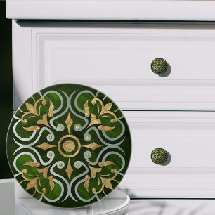 Moroccan Ornament Green Marble & Gold Ceramic Knob