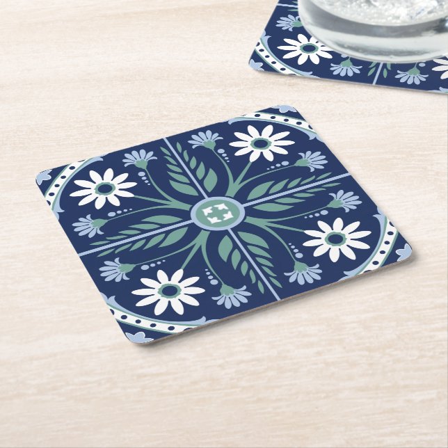 Moroccan ornamental floral boho geometric tile  square paper coaster (Angled)