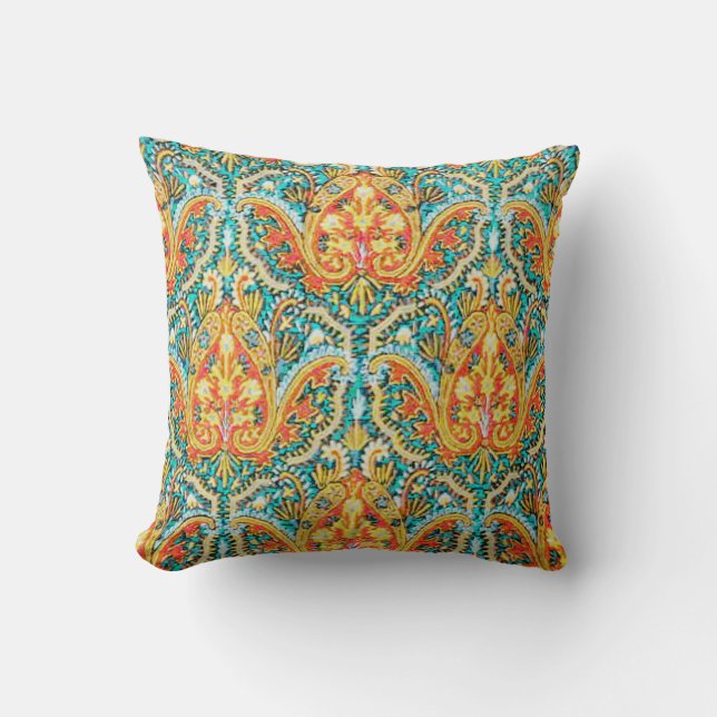 Moroccan Paisley in Aqua Blue and Tangerine Orange Cushion (Front)