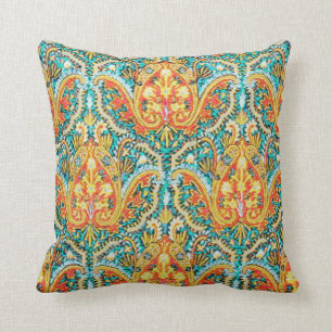 Moroccan Paisley in Aqua Blue and Tangerine Orange Cushion