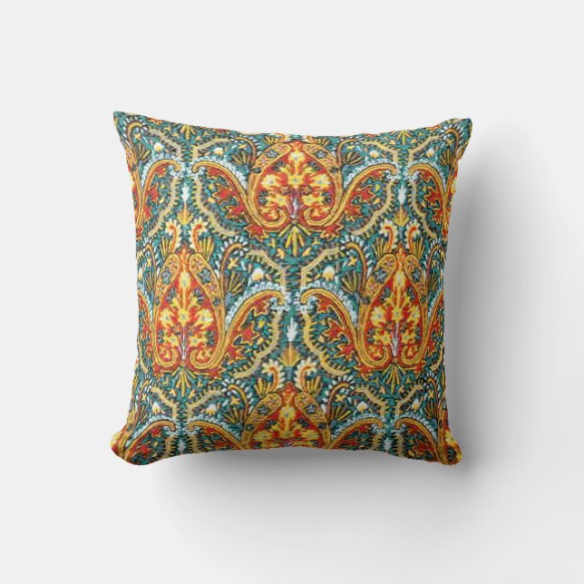 Moroccan Paisley in Aqua Blue and Tangerine Orange Cushion (Front)