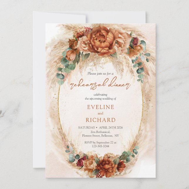 Moroccan Pampas terracotta floral beach rehearsal Invitation (Front)