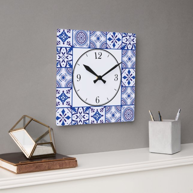 Moroccan Pattern in Blue, White, & Black Square Wall Clock (Office)