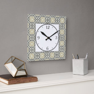 Moroccan Pattern in Gold, Black, and Beige Square Wall Clock
