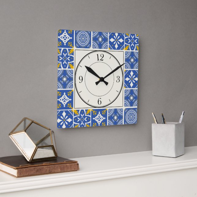 Moroccan Pattern in Teal Blue, Yellow, Cream Square Wall Clock (Office)