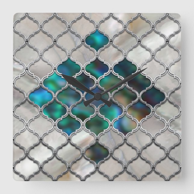Moroccan pattern on the pearl and colour shell square wall clock (Front)