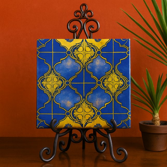 Moroccan Pattern Quatrefoils Blue and Gold Tile (Moroccan pattern blue and gold decorative ceramic tile for bathroom kitchen patio)