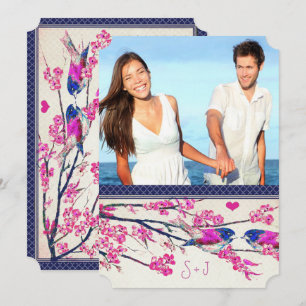 Moroccan Photo Pink Navy Love Bird Cherry Blossom Invitation