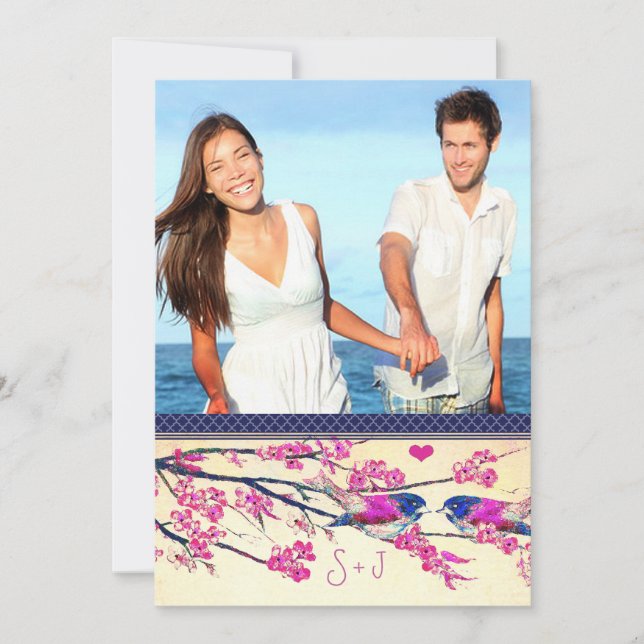 Moroccan Photo Pink Navy Love Bird Cherry Blossom Invitation (Front)