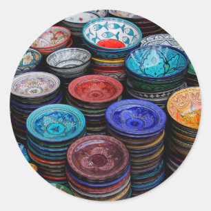 Moroccan Plates At Market Classic Round Sticker