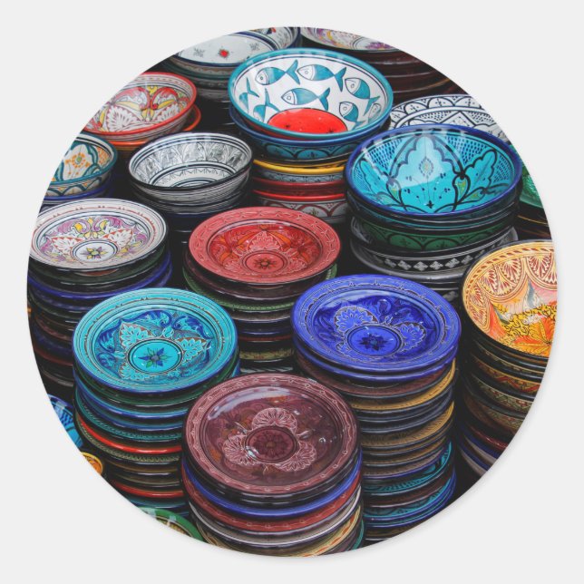 Moroccan Plates At Market Classic Round Sticker (Front)