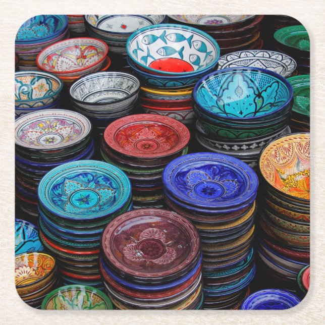 Moroccan Plates At Market Square Paper Coaster (Front)