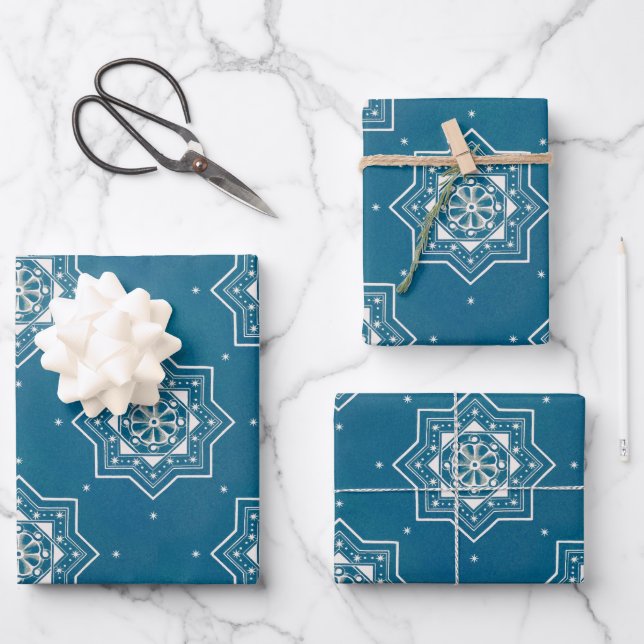 Moroccan Portuguese Blue Azulejos Tile Pattern Wrapping Paper Sheet (Front)