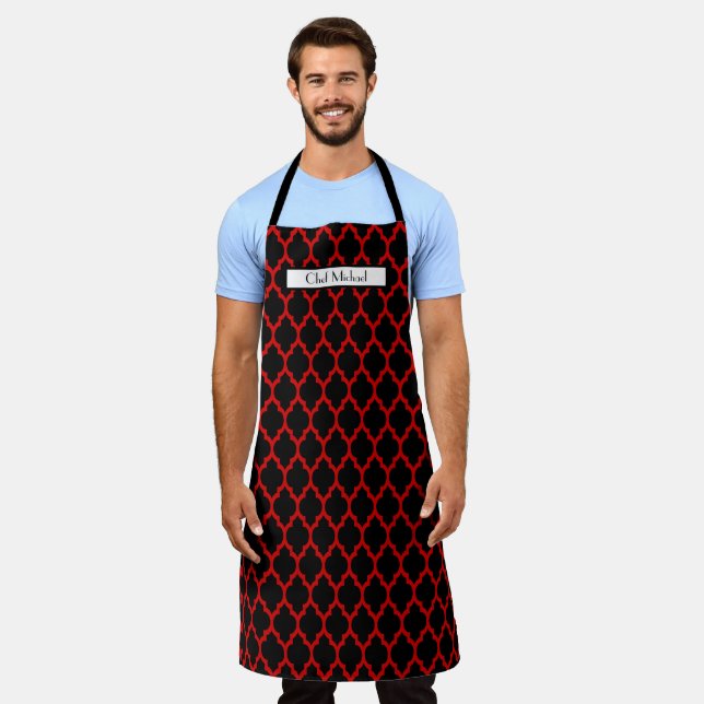 Moroccan Quatrefoil #4 DIY Colours Red Black SV Apron (Worn)