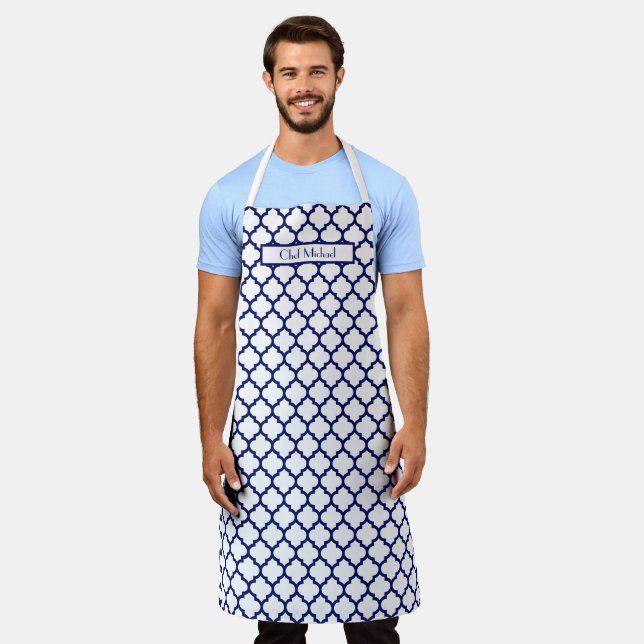Moroccan Quatrefoil #5 DIY Colours Navy White SV Apron (Worn)