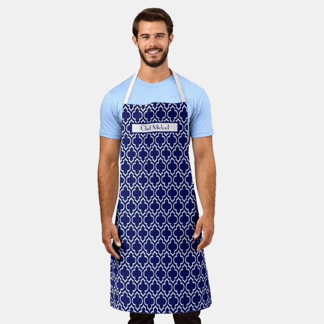 Moroccan Quatrefoil #7 DIY Colours White Navy SV Apron (Worn)