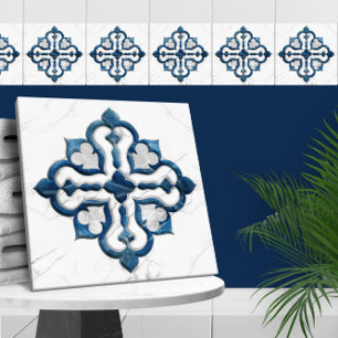Moroccan Quatrefoil Blue and White Marble Tile