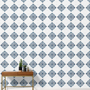 Moroccan Quatrefoil Blue and White Marble Wallpaper