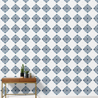 Moroccan Quatrefoil Blue and White Marble Wallpaper