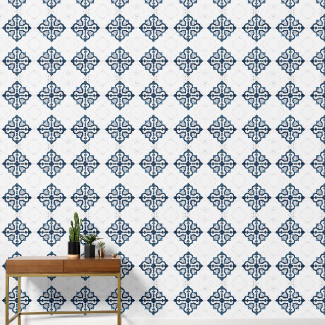 Moroccan Quatrefoil Blue and White Marble Wallpaper (Hallway)