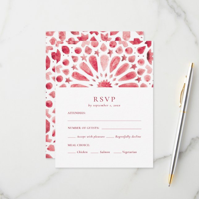 Moroccan Red Geometric Tile Meal Choice RSVP Card (Front/Back In Situ)