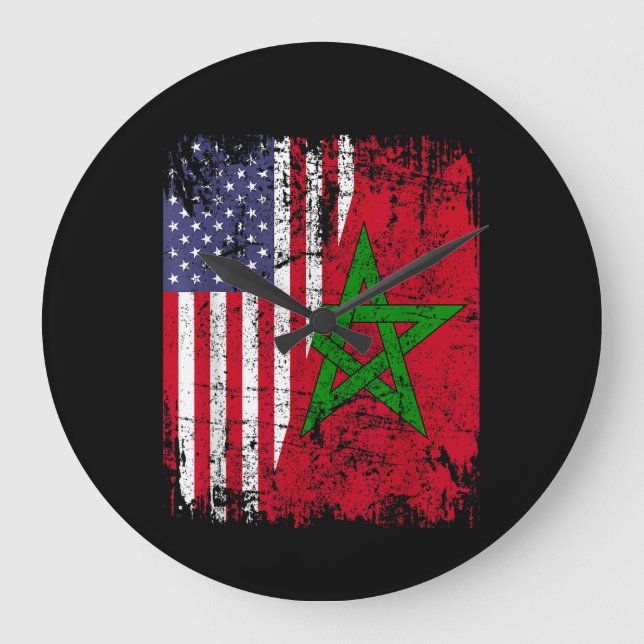 MOROCCAN ROOTS | Half American Flag | MOROCCO FLAG Large Clock (Front)