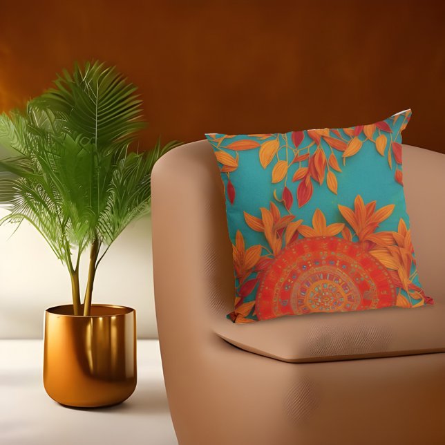 Moroccan rustic gold red orange blue autumn leaves cushion (Creator Uploaded)