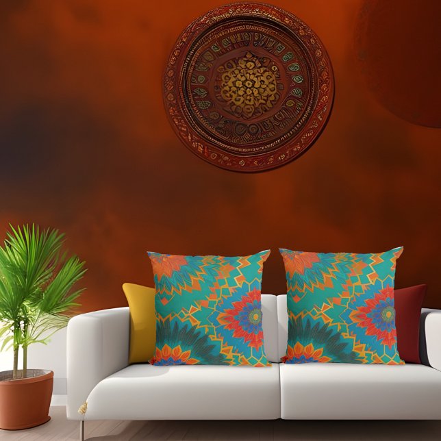 Moroccan style gold red orange teal blue flower  cushion (Creator Uploaded)