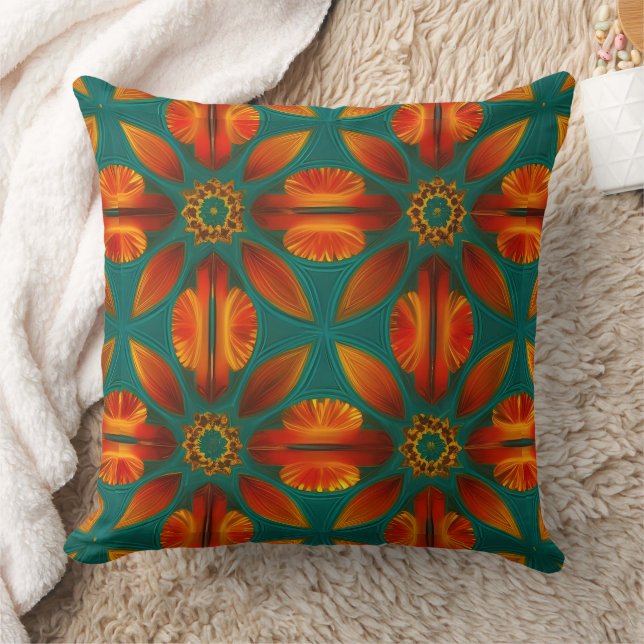 Moroccan style gold red orange teal green leaves cushion (Blanket)