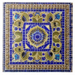 Moroccan Style Simulated Mosaic Blue and Gold Tile<br><div class="desc">Lovely repeating pattern in a mosaic craft style image(not a genuine mosaic) by AI. Makes a pretty decor piece, for you or as a gift for a dear friend or family member. More tiles to choose from in the Paws Charming shop, either IRL photos or AI patterns, so have a...</div>