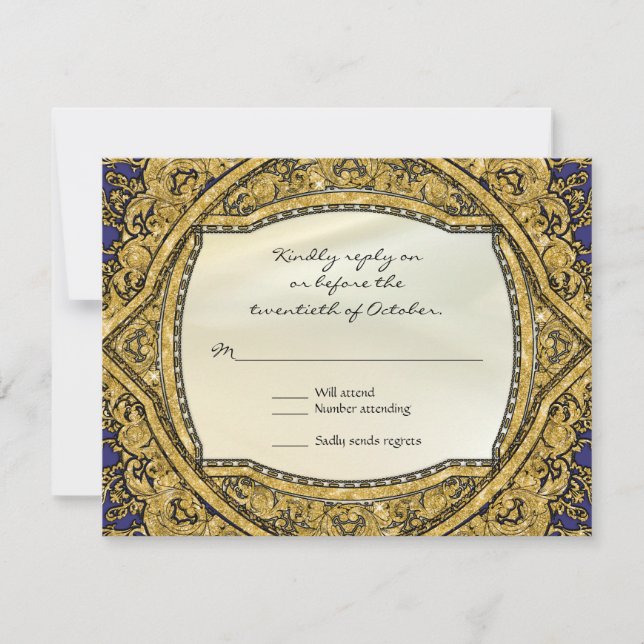 Moroccan Swirl Scroll Gold Glitter Elegant Wedding RSVP Card (Front)