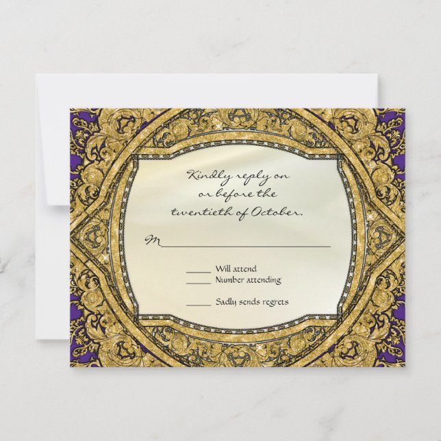 Moroccan Swirl Scroll Gold Glitter Elegant Wedding RSVP Card (Front)