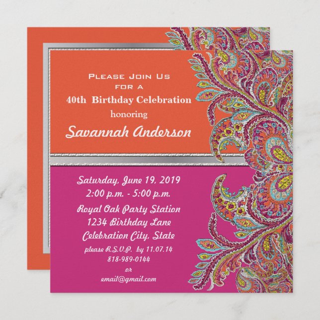 Moroccan Tangerine & Fuchsia 40th Birthday Party Invitation (Front/Back)