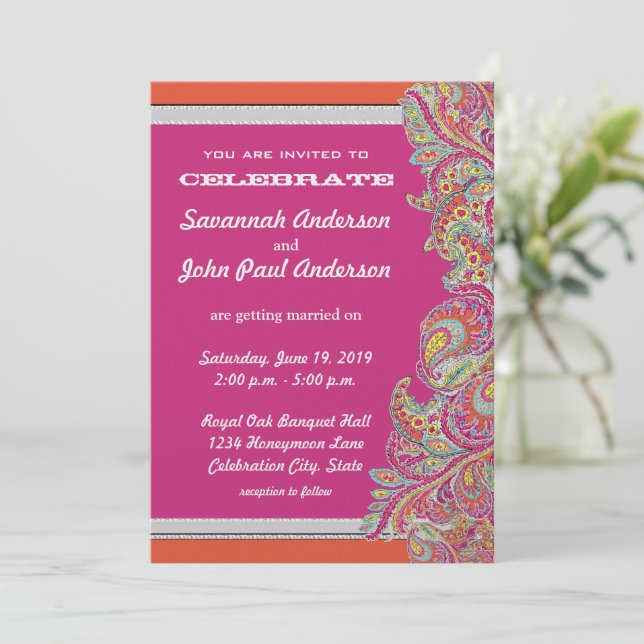 Moroccan Tangerine & Fuchsia Wedding Invitations (Standing Front)