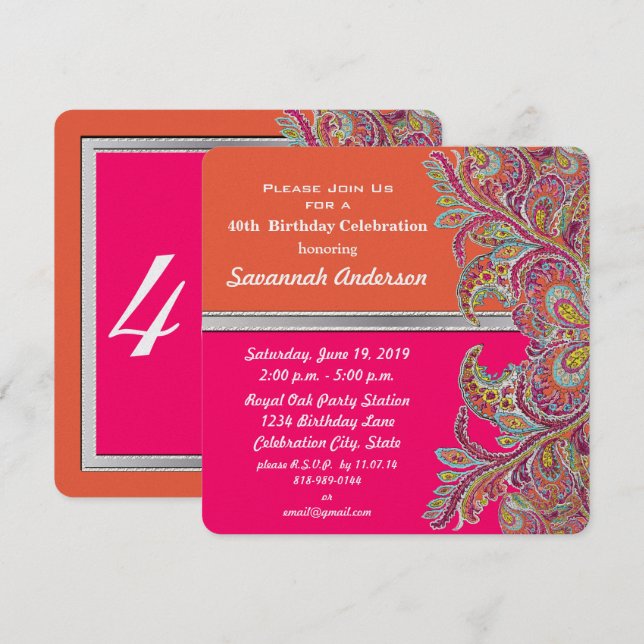 Moroccan Tangerine & Hot Pink 40th Birthday Party Invitation (Front/Back)