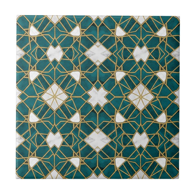 Moroccan Teal and Gold Islamic Geometric Seamless  Tile (Front)