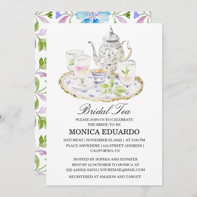 Moroccan teapot Watercolor boho Bridal shower Invitation (Front/Back)