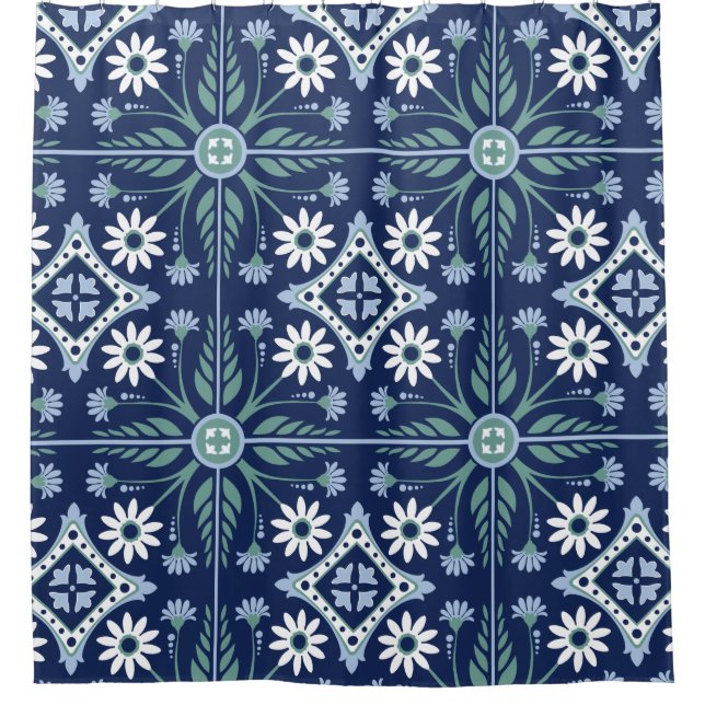 Moroccan tile arabesque vivid blue green white shower curtain (Front)