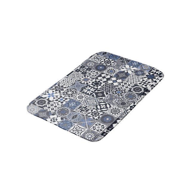 Moroccan tile black,blue,grey bath mat (Angled)