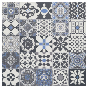 Moroccan tile black,blue,grey fabric