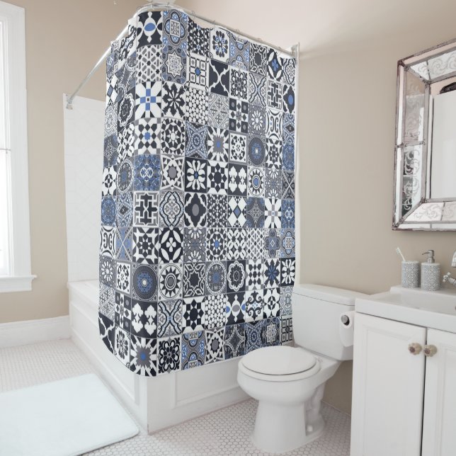 Moroccan tile black,blue,grey shower curtain (In Situ)