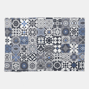 Moroccan tile black,blue,grey tea towel