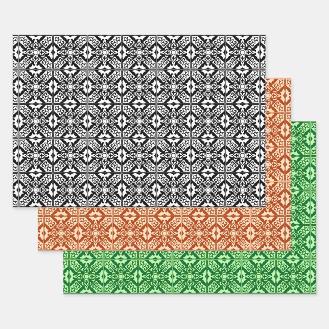 Moroccan Tile, Black/White, Orange, Jade Green   Wrapping Paper Sheet (Set)
