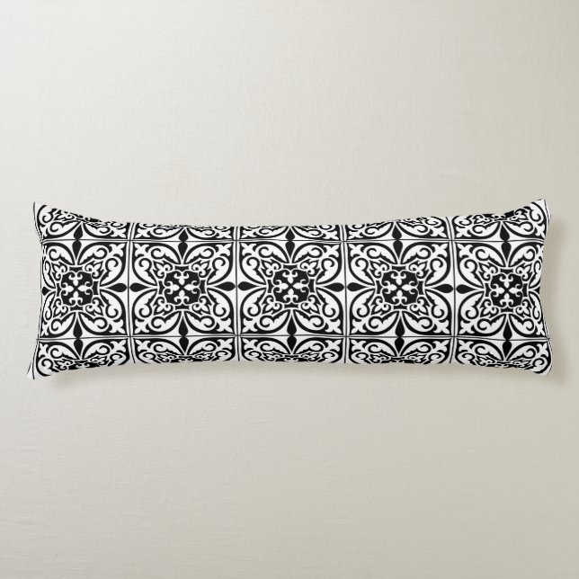 Moroccan tile - black with white background body cushion (Front)